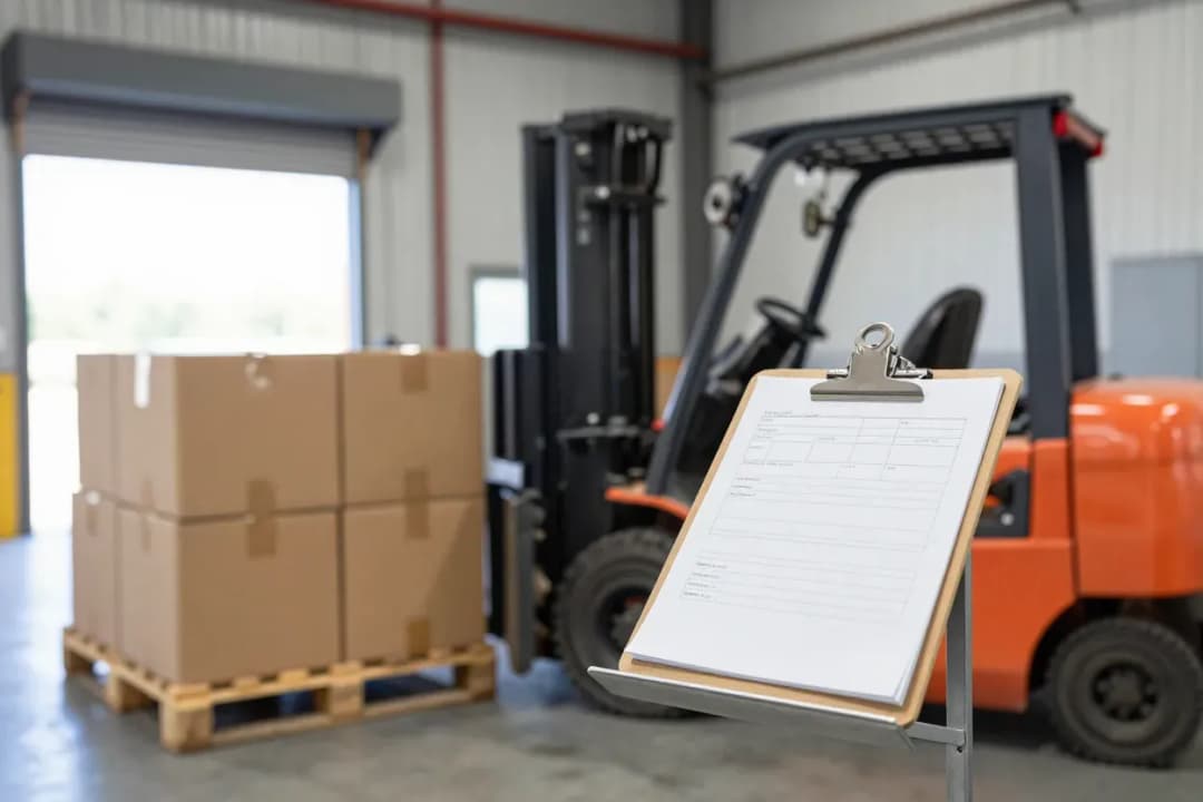 Yükleme rampasında sevk belgesi tutulan clipboard ve paletli koliler, forklift arka planda (temsili görsel)