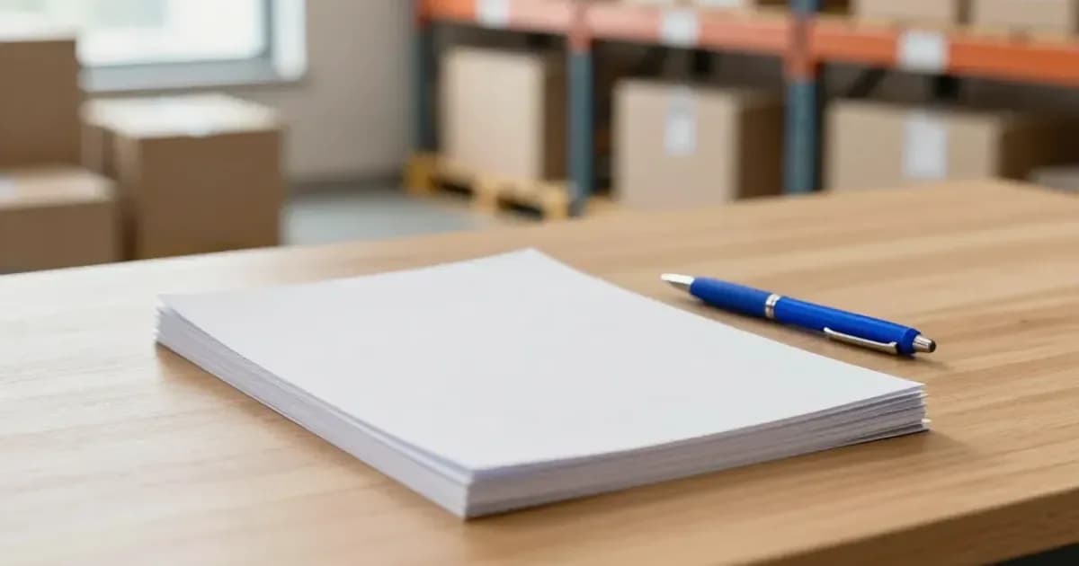 Depo ofisinde boş evrak yığını ve kalem, arka planda raf ve koliler (temsili görsel)