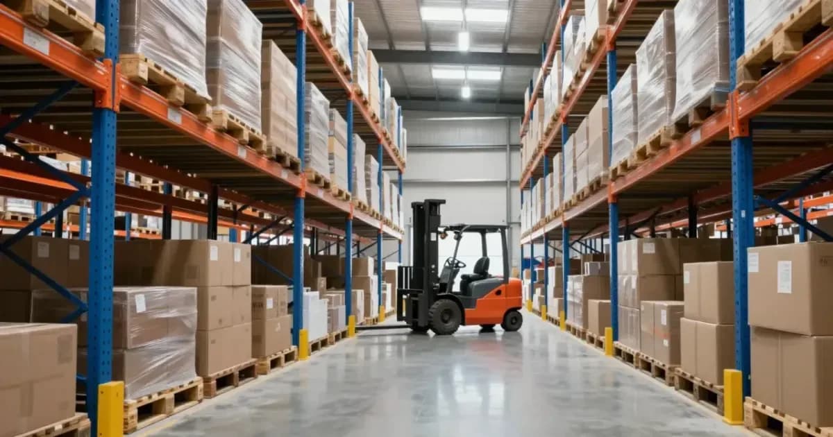 Paletli yüklerin ve raf sistemlerinin bulunduğu genel bir ticari depo koridoru, forklift ile (temsili görsel)