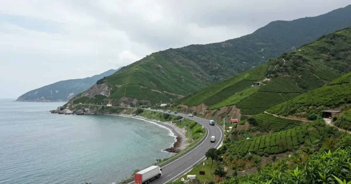 Çay bahçeleriyle kaplı yeşil yamaçlar arasında Karadeniz kıyısı boyunca uzanan sahil yolunda tırlar (temsili görsel)