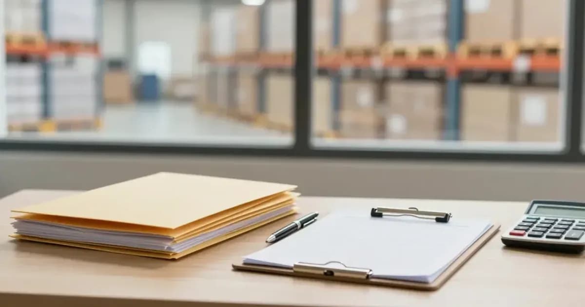 Depo ofisinde masa üzerinde dosya klasörleri, kontrol listesi panosu ve hesap makinesi; arkada raflı depo (temsili görsel)