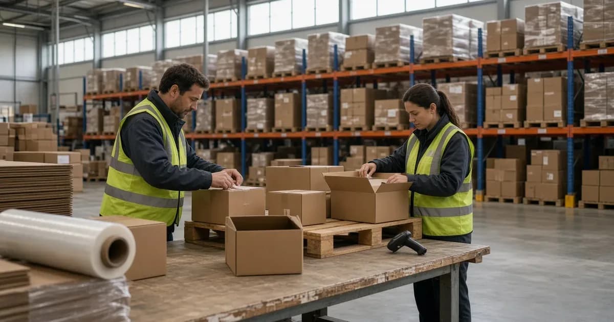 Depoda iki görevlinin palet üzerindeki kolileri yeniden paketleyip etiketlediği çalışma masası (temsili görsel)