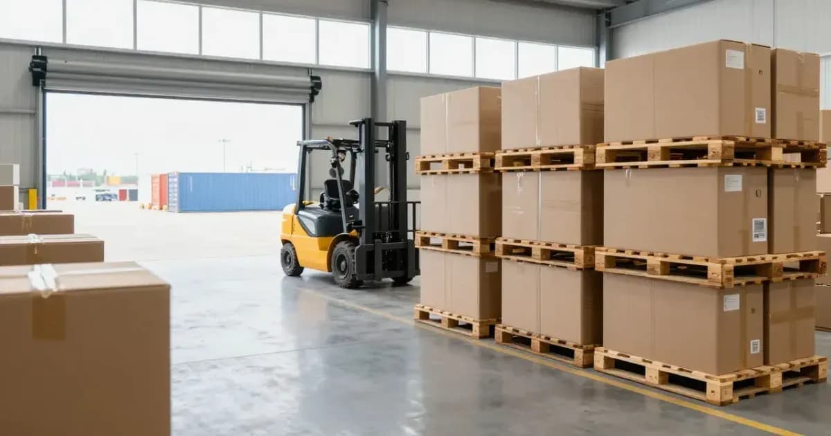 Liman kapısına açılan modern depoda forklift ve paletli koliler (temsili görsel)