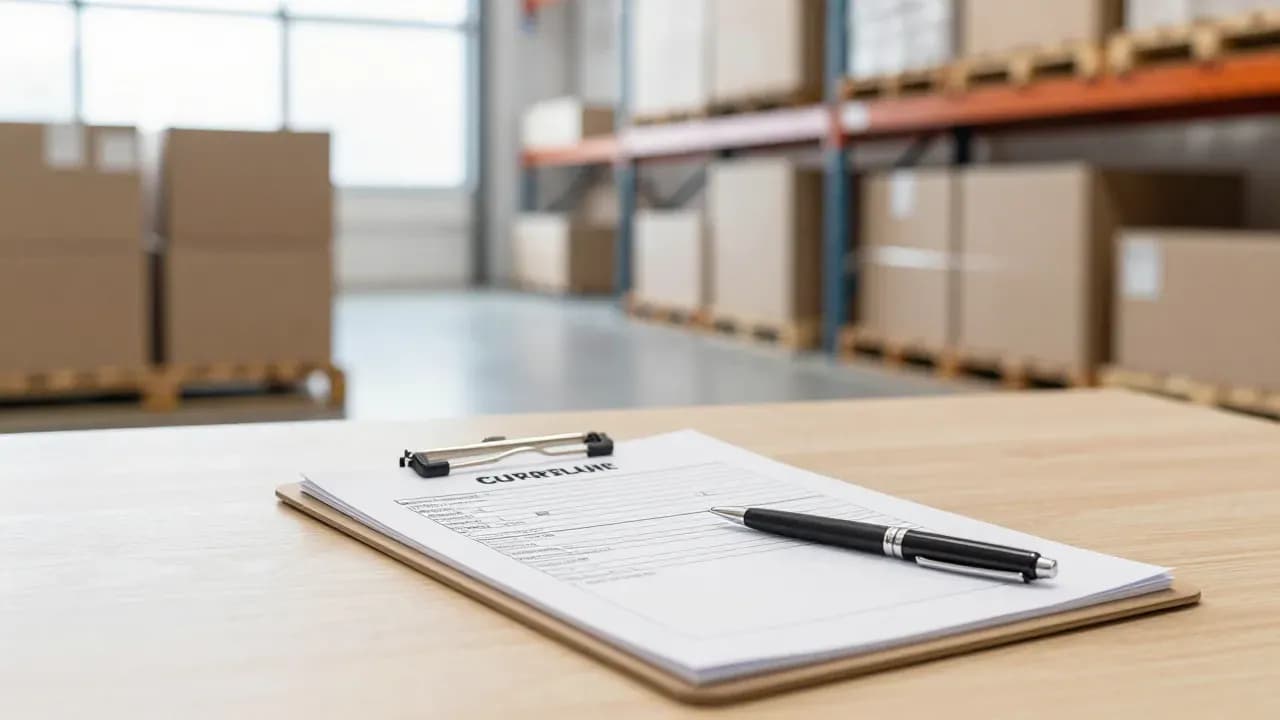 Depo ofisinde clipboard üzerinde beyanname formu ve arka planda paletli koliler (temsili görsel)
