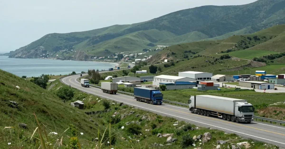 Karadeniz sahil yolunda tırlar ve kıyıdaki depo binaları, yeşil yamaçlar (temsili görsel)
