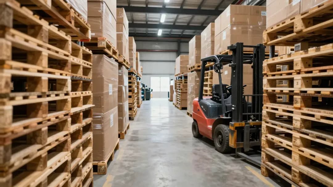 Düzenli paletli raflar ve forklift bulunan modern depo koridoru (temsili görsel)